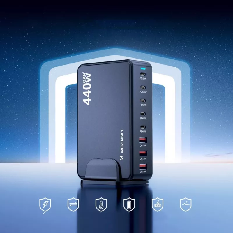 Estação de carregamento Wozinsky 240W GaN QC3 - Preto