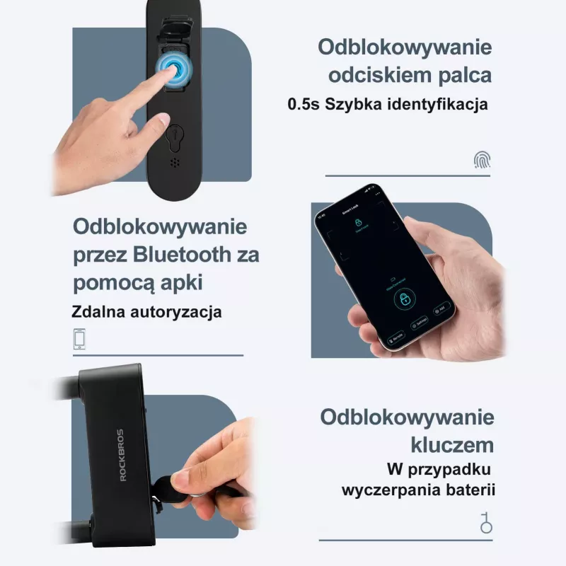 Rockbros SMART Fechadura de cabo para bicicleta com impressão digital e Bluetooth 100 cm preto