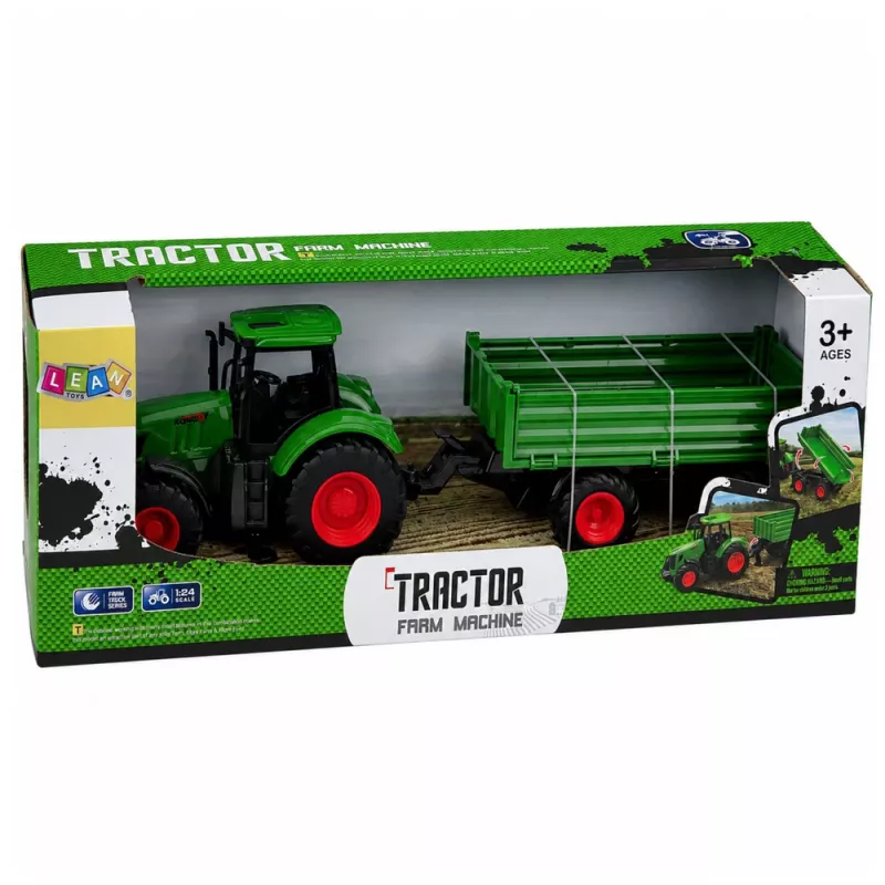 LEAN TOYS Trator Agrícola com Reboque Basculante, Rodas de Borracha, Verde, 1:24