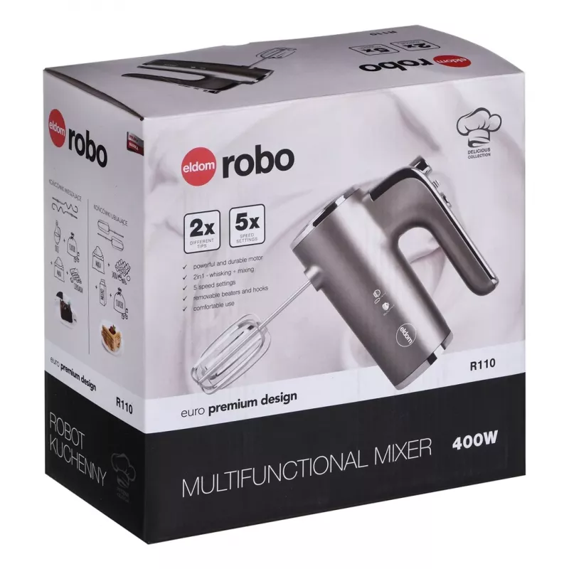 Eldom R110 Robo varinha mágica, 400 W, 5 velocidades, função turbo, acessórios para bater e misturar, prateado (R110 robo)