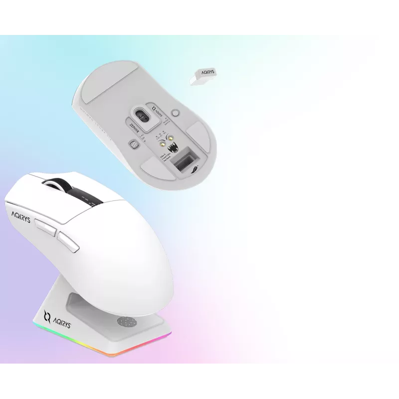AQIRYS Zephyr rato gaming sem fios, 2,4 GHz + Bluetooth, 26000 DPI, branco