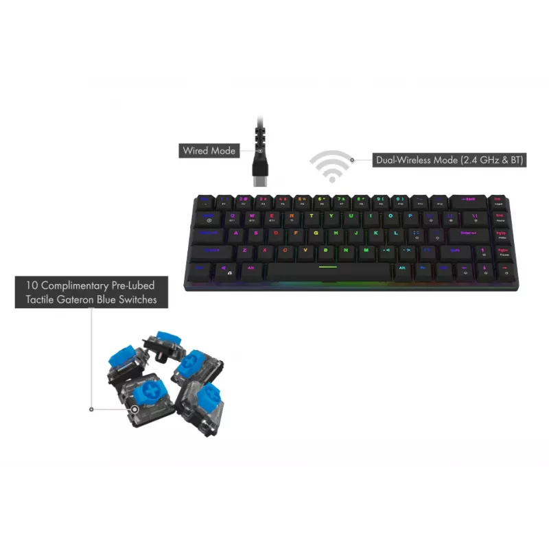 AQIRYS Agena 65% Teclado mecânico sem fios low-profile, switches Gateron Red, preto