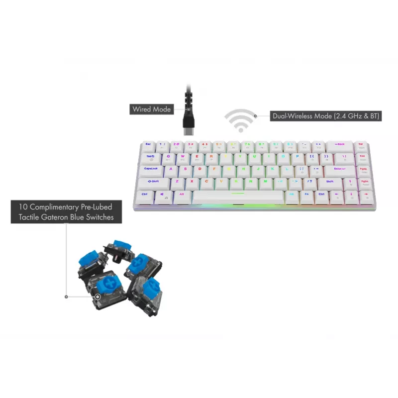 AQIRYS Agena 65% Teclado mecânico sem fios low-profile, switches Gateron Red, branco