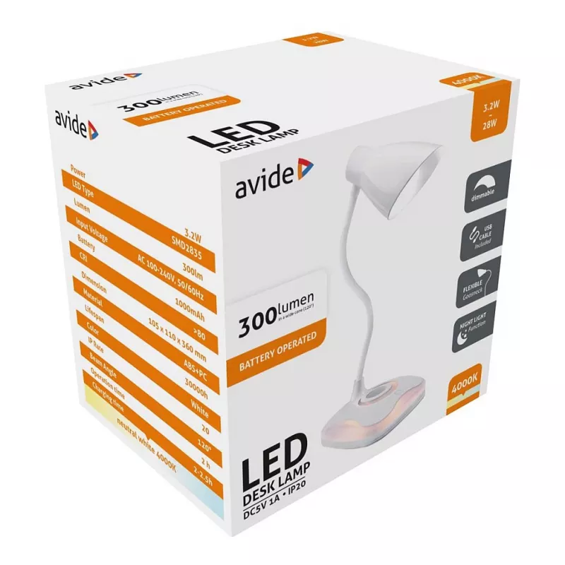 Avide Candeeiro de Secretária LED com Função de Luz Noturna USB 3,2W Regulável
