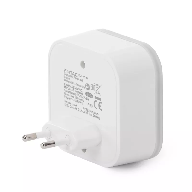 ENTAC Campainha sem Fios Emissor com Ficha AC IP44 com 1x Pilha CR2032