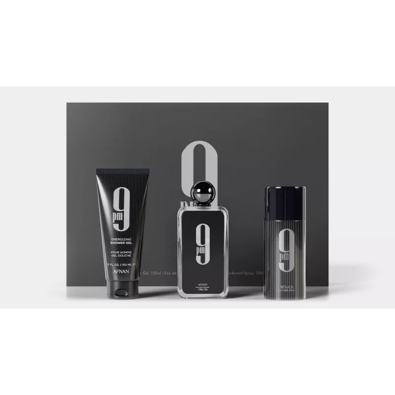 Afnan 9 PM Conjunto de Presente Eau de Parfum para Homem - 100ml EDP Spray + 150ml Gel de Banho + 250ml Desodorizante Spray