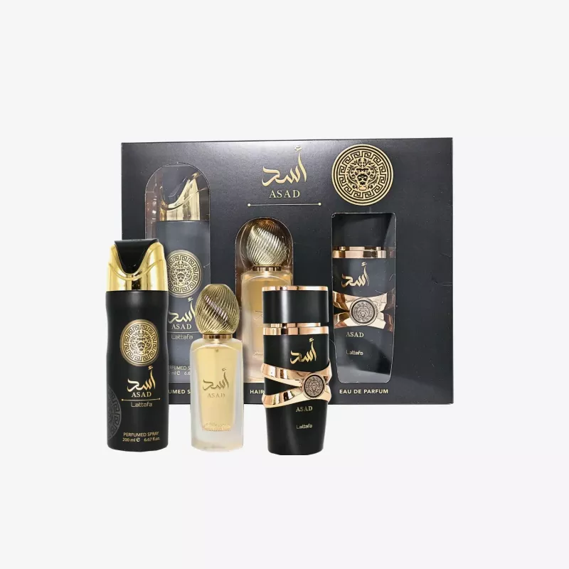 Lattafa Asad Eau de Parfum 100ml + Deodorant Spray 200ml + Ambientador Spray 300ml Conjunto de presente