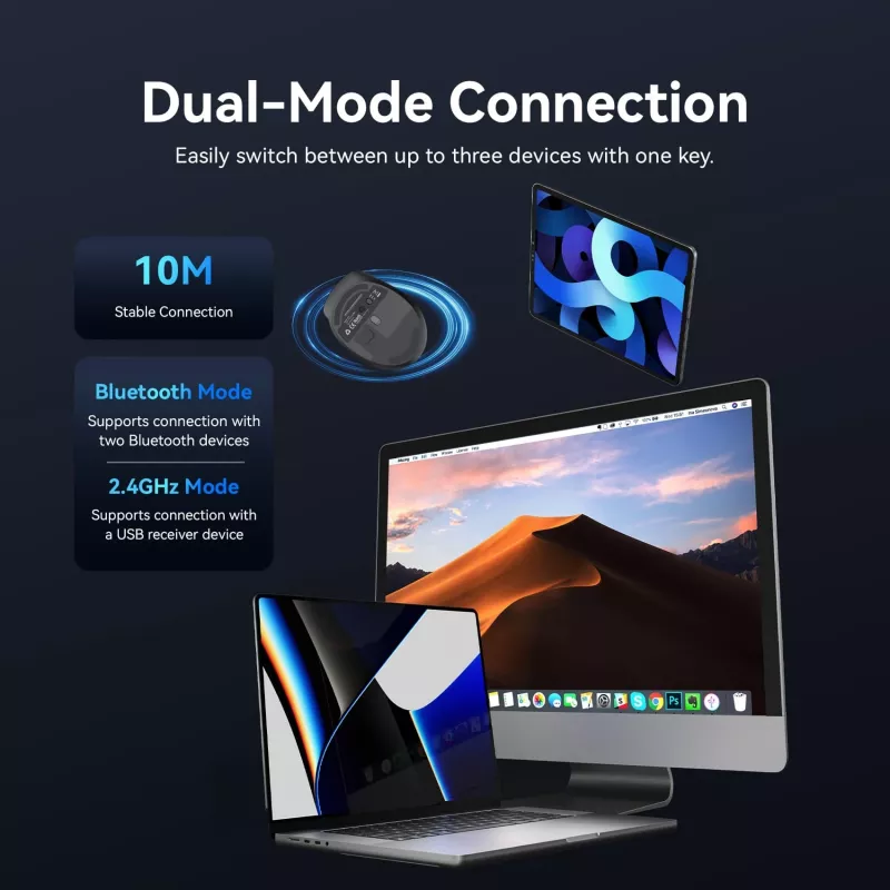 Vention KTMB0 rato ótico sem fios dual-mode 2.4GHz + Bluetooth 5.1, 6 botões, 800-2400 DPI, preto