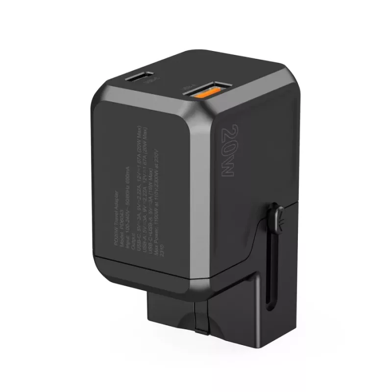 CHOETECH PD6038 carregador USB-C GaN 38W com USB-A, fichas intercambiáveis (EU/US/UK/AU) - preto