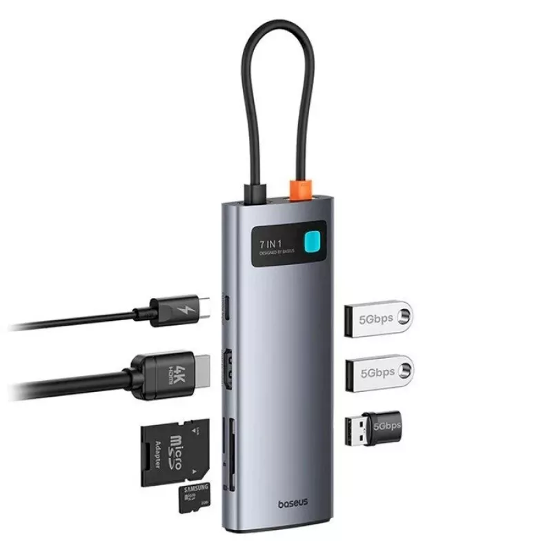 Hub USB-C Baseus Metal Gleam 7 em 1 HDMI 4K 60Hz 3x USB 3.0 USB-C PD SD microSD cinzento