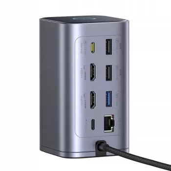 Hub USB-C Baseus Air Spacemate 12 em 1, 2x HDMI 4K@60Hz, 2x USB-C 10Gbps, 2x USB-A 5Gbps, 2x USB-A 480Mbps, RJ45, SD/microSD, USB-C PD, Cinzento