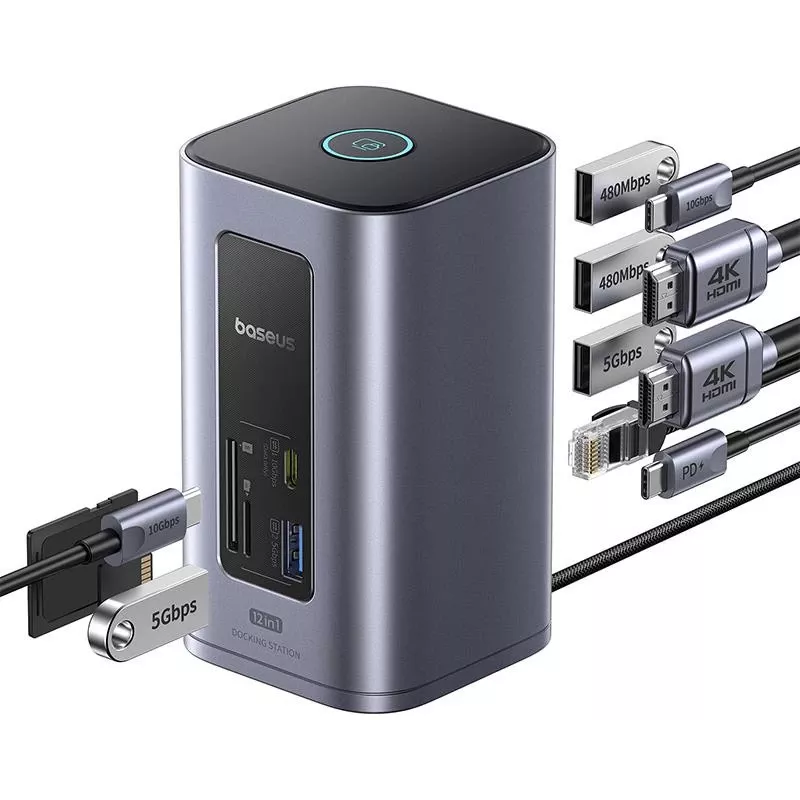 Hub USB-C Baseus Air Spacemate 12 em 1, 2x HDMI 4K@60Hz, 2x USB-C 10Gbps, 2x USB-A 5Gbps, 2x USB-A 480Mbps, RJ45, SD/microSD, USB-C PD, Cinzento