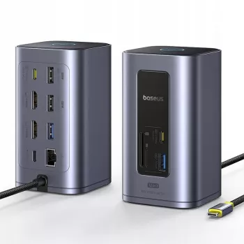 Hub USB-C Baseus Air Spacemate 12 em 1, 2x HDMI 4K@60Hz, 2x USB-C 10Gbps, 2x USB-A 5Gbps, 2x USB-A 480Mbps, RJ45, SD/microSD, USB-C PD, Cinzento