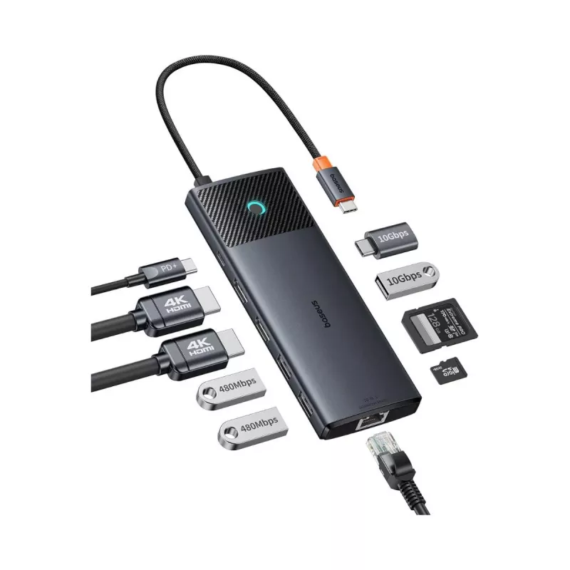 Hub USB-C Baseus Metal Gleam II 10 em 1 HDMI USB-A USB-C RJ45 SD/TF - Cinzento sideral