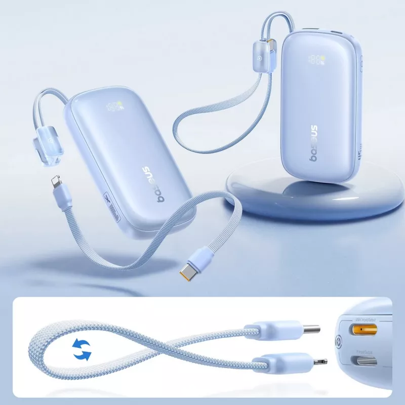 Baseus EnerFill FC21 Qpow 3 Ultra 10000 mAh 45W Power Bank com cabo USB-C/Lightning removível - azul