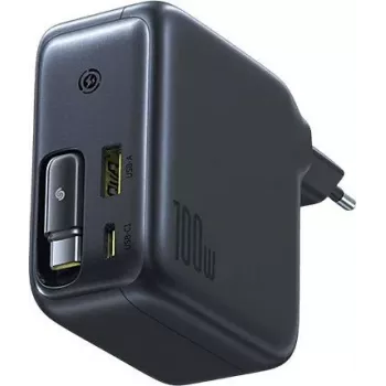 Baseus EnerCore CJ11 Fonte de alimentação GaN 100W com cabo USB-C retrátil, 2 conectores USB-C e 1 conector USB-A, preto