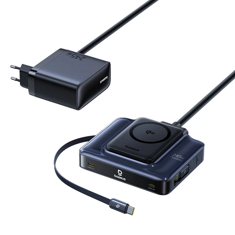 Baseus Nomos NH21 Estação de carregamento sem fios 6 em 1 245W com dois cabos USB-C retráteis - preto