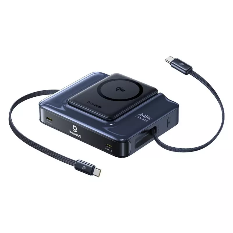 Baseus Nomos NH21 Estação de carregamento sem fios 6 em 1 245W com dois cabos USB-C retráteis - preto