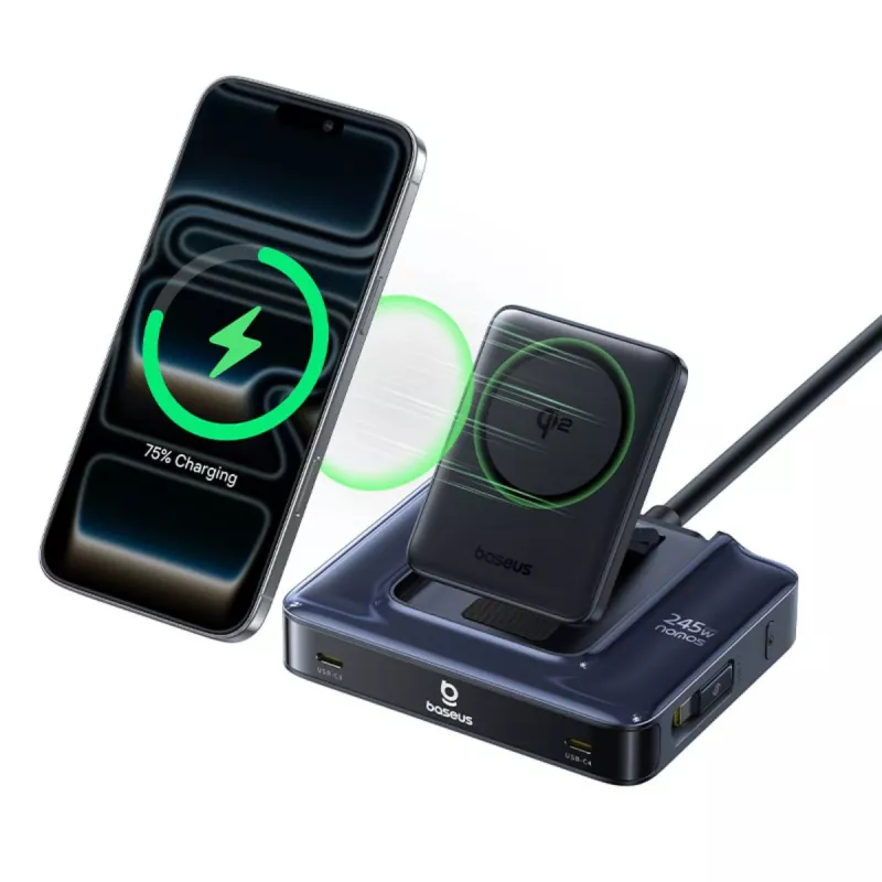 Baseus Nomos NH21 Estação de carregamento sem fios 6 em 1 245W com dois cabos USB-C retráteis - preto
