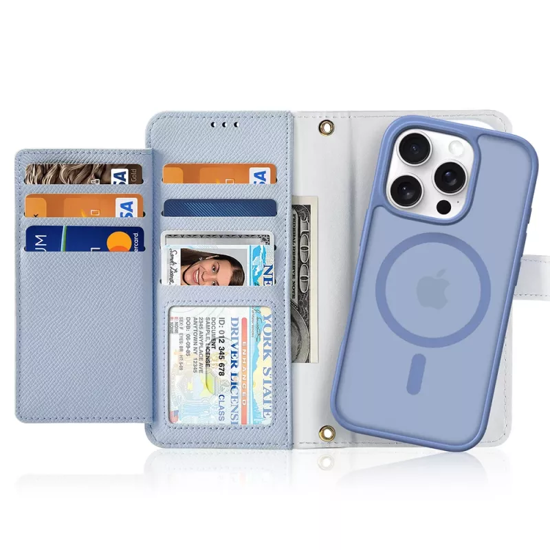 Capa de pele DUXDUCIS Lawa para iPhone 16 Pro Max com carteira magnética removível - azul