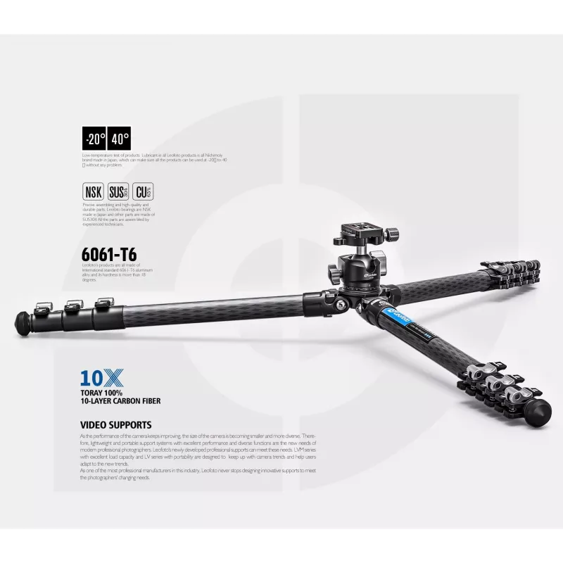 Leofoto LSR-284C+LH-30 Tripé CNC com base niveladora e fecho oscilante, 4 partes 28/25/22/19mm