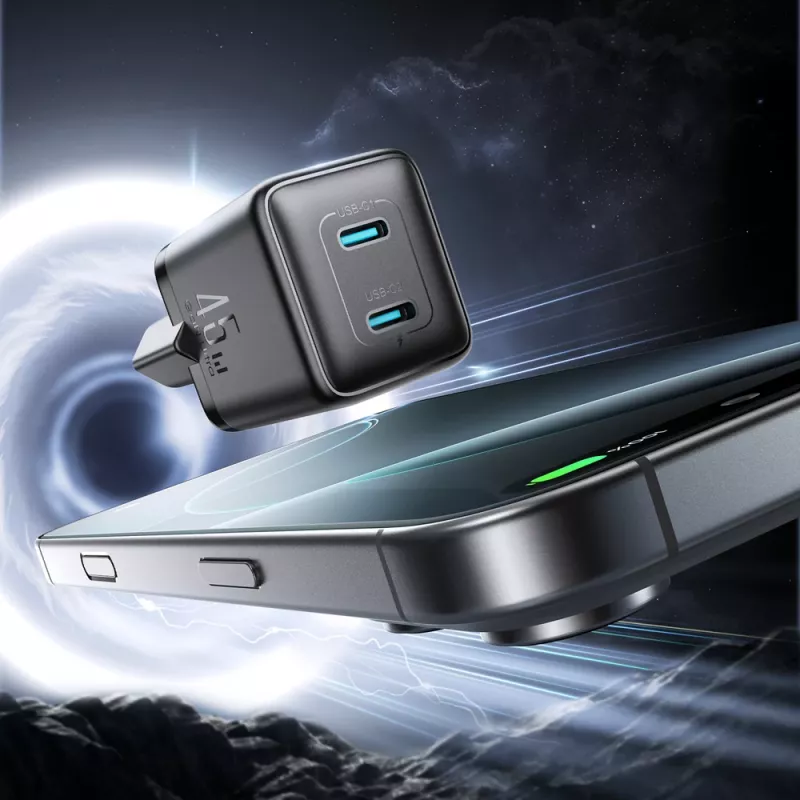 Joyroom JR-TCG17 Carregador de parede GaN 45W 2x USB-C ficha EU Preto