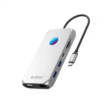 ORICO XCR docking station USB-C 12-em-1 com RGB, 2x USB-A 3.1, 1x USB-A 2.0, 1x USB-C PD 100W, 1x USB-C 3.1, 2x HDMI 2.0 4K 60Hz, 1x VGA 1080p, 1x microSD/SD 3.0, 1x RJ45 Gigabit Ethernet, 1x áudio CTIA 3,5mm - cinzento