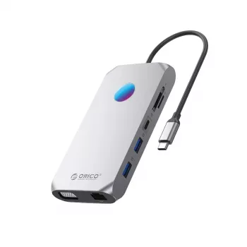 ORICO XCR docking station USB-C 12-em-1 com RGB, 3x USB-A 3.1, 1x USB-A 2.0, 1x USB-C PD 100W, 1x USB-C 3.1, 1x HDMI 1.4 4K 30Hz, 1x VGA 1080p, 1x microSD/SD 3.0, 1x RJ45 Gigabit Ethernet, 1x áudio CTIA 3,5mm - cinzento