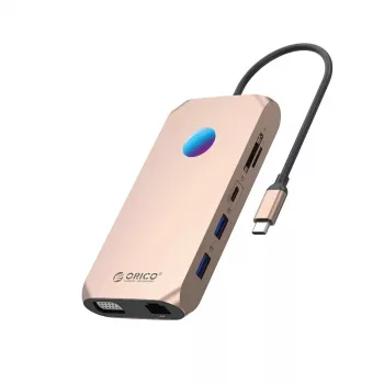 ORICO XCR 12w1 RGB docking station USB-C, 12-em-1, 3x USB-A 3.1, 1x USB-A 2.0, 1x USB-C PD 100W, 1x USB-C 3.1, 1x HDMI 1.4 4K 30Hz, 1x VGA 1080p, 1x microSD/SD 3.0, 1x RJ45 Gigabit Ethernet, 1x áudio CTIA 3,5mm, Rose Gold