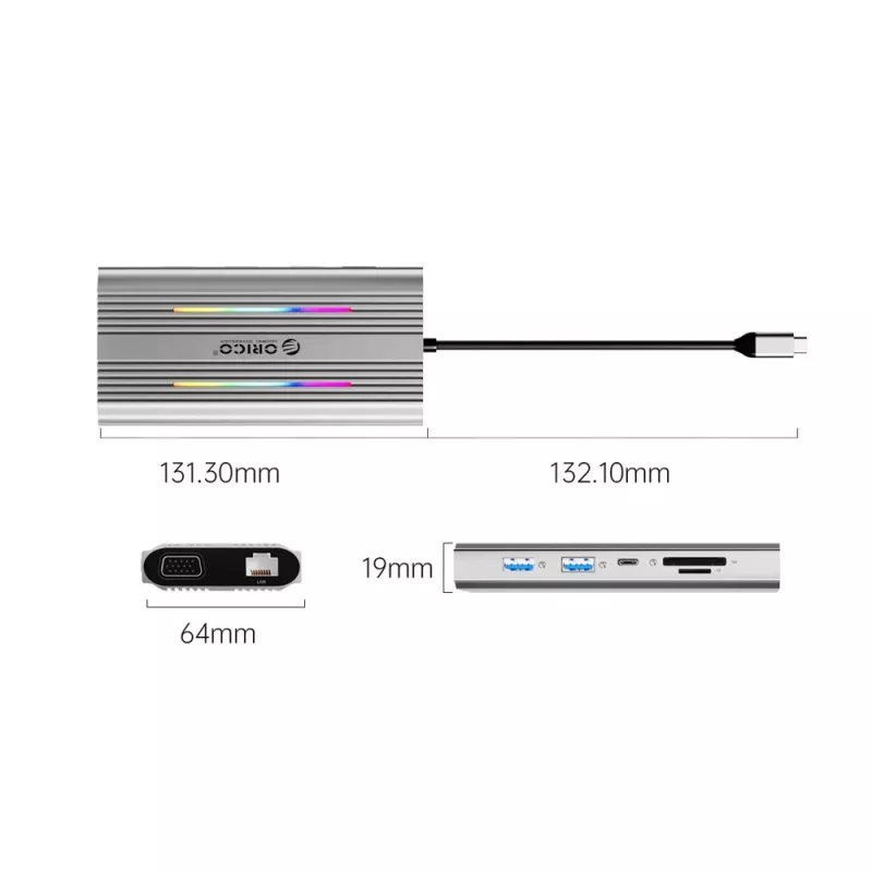 ORICO XDR docking station USB-C 12-em-1 com RGB, 2x HDMI 4K 60Hz, VGA, RJ45 Gigabit, leitor de cartões SD/microSD, 100W PD, cinzento