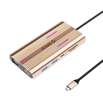 ORICO XDR docking station USB-C 12-em-1 RGB, 2x USB-A, 1x USB-C PD 100W, 2x HDMI 4K 60Hz, VGA, RJ45 Gigabit, leitor de cartões SD e microSD - Rose Gold