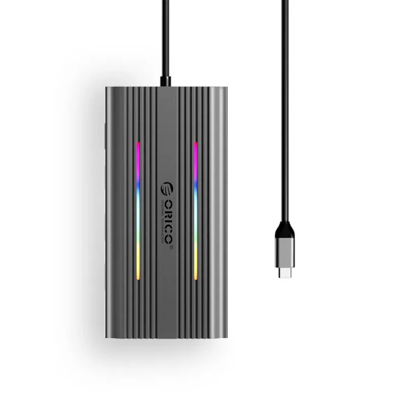 ORICO XCR docking station USB-C 12-em-1 com RGB, 3x USB-A, USB-C PD 100W, HDMI 4K, VGA, RJ45 Gigabit, leitor de cartões SD/microSD - cinzento