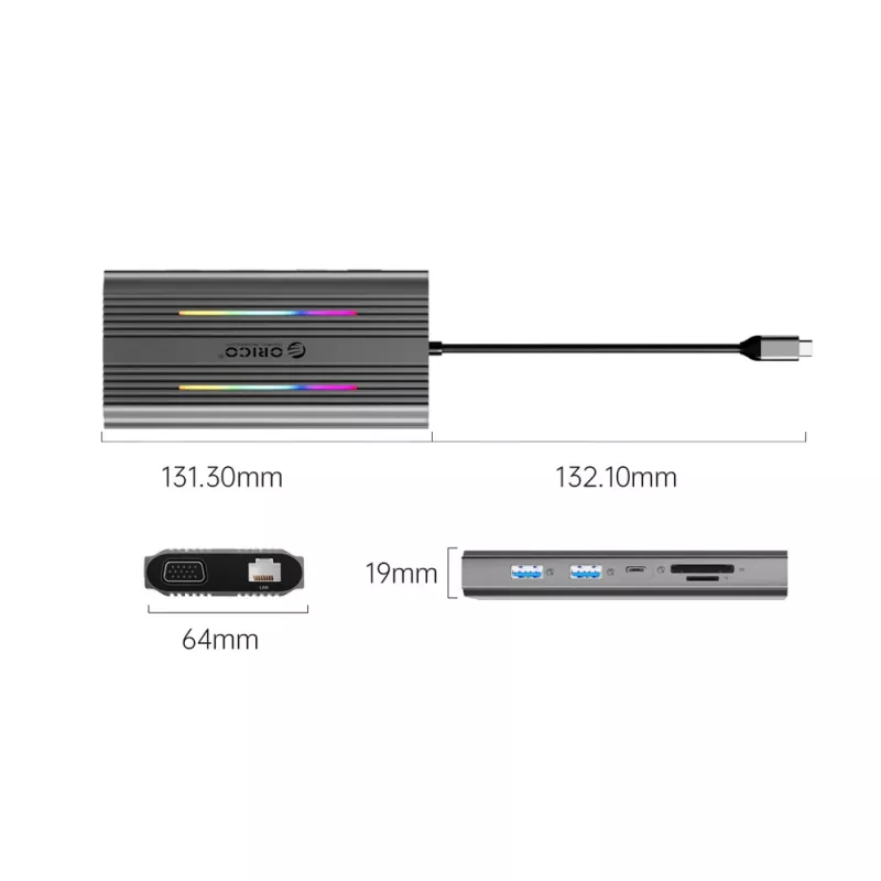 ORICO XCR docking station USB-C 12-em-1 com RGB, 3x USB-A, USB-C PD 100W, HDMI 4K, VGA, RJ45 Gigabit, leitor de cartões SD/microSD - cinzento