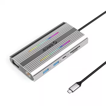 ORICO XCR docking station USB-C 12-em-1 com RGB, 3x USB-A, USB-C PD 100W, HDMI 4K, VGA, RJ45 Gigabit, leitor de cartões SD/microSD - prateado