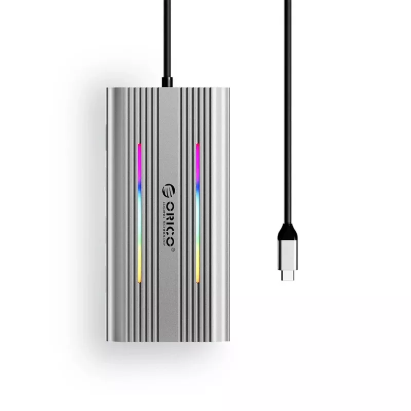 ORICO XCR docking station USB-C 12-em-1 com RGB, 3x USB-A, USB-C PD 100W, HDMI 4K, VGA, RJ45 Gigabit, leitor de cartões SD/microSD - prateado