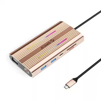 ORICO XDR docking station USB-C 12-em-1 RGB, 3x USB-A, USB-C PD 100W, HDMI 4K, VGA, RJ45 Gigabit, leitor de cartões SD/microSD - Rose Gold