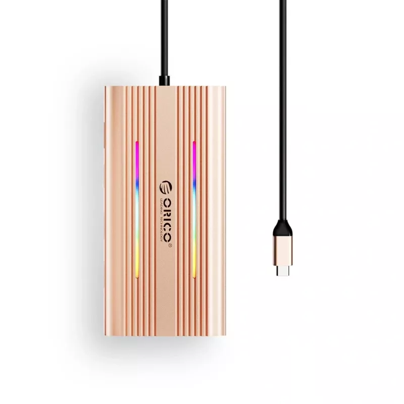 ORICO XDR docking station USB-C 12-em-1 RGB, 3x USB-A, USB-C PD 100W, HDMI 4K, VGA, RJ45 Gigabit, leitor de cartões SD/microSD - Rose Gold