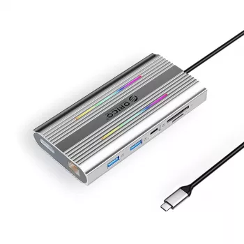 ORICO XDR docking station USB-C 12-em-1 com RGB, 2x HDMI 4K 60Hz, DisplayPort 4K 60Hz, RJ45 Gigabit, PD 100W, leitor de cartões SD/microSD - prateado