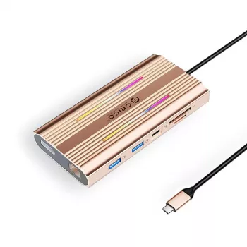 ORICO XDR docking station USB-C 12-em-1 com RGB, 2x HDMI 4K 60Hz, DisplayPort 4K 60Hz, Gigabit Ethernet, 100W PD, leitor de cartões SD/microSD - ouro rosa