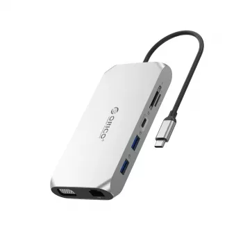 ORICO XCR docking station USB-C 12-em-1 com 2x HDMI 4K 60Hz, VGA, USB-A 3.1, USB-C PD 100W, Gigabit Ethernet, SD/microSD, áudio - cinzento