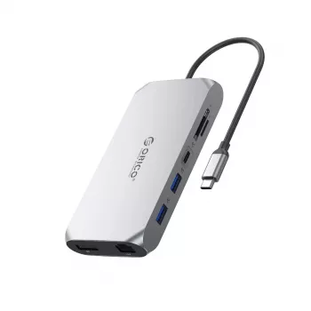 ORICO XCR docking station USB-C 12-em-1 2x USB-A 3.1 1x USB-A 2.0 1x USB-C PD 100W 1x USB-C 3.1 2x HDMI 2.0 4K 60Hz 1x DisplayPort 1.4 4K 60Hz 1x SD 3.0 1x microSD 3.0 1x RJ45 Gigabit Ethernet 1x áudio CTIA 3,5mm - cinzento
