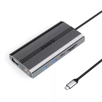 ORICO XDR docking station USB-C 12-em-1 com USB-A, USB-C PD 100W, HDMI 4K, VGA, RJ45 Gigabit, leitor de cartões SD e microSD - cinzento