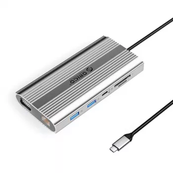 ORICO XDR docking station USB-C 12-em-1 com HDMI 4K, VGA, Gigabit Ethernet, 100W PD, leitor de cartões SD/microSD - prateado