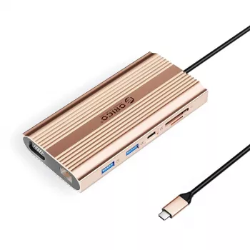 ORICO XDR docking station USB-C 12-em-1 com 100W PD, HDMI 4K, VGA, Gigabit Ethernet, leitor de cartões SD/microSD - ouro rosa