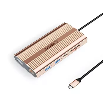 ORICO XDR docking station USB-C 12-em-1 com 2x HDMI 4K 60Hz, DisplayPort 4K 60Hz, Gigabit Ethernet, 100W PD, leitor de cartões SD/microSD - ouro rosa