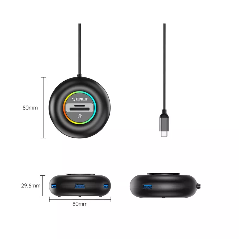 ORICO YXR5-C3 RGB hub USB-A 3.0 de 4 portas com leitor de cartões SD e microSD, cabo de 1,8m, preto