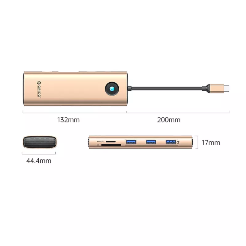 ORICO PW11 Dock USB-C 9-em-1, 3x USB-A 3.0, 1x USB-C PD 100W, 1x HDMI 4K 60Hz, 1x VGA 1080P 60Hz, 1x microSD/SD, 1x RJ45 Gigabit Ethernet - ouro rosa