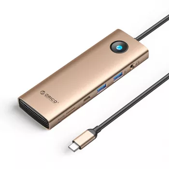 ORICO PW11 Dock USB-C 9-em-1, 2x USB-A 3.0, 1x USB-C 3.0, 1x USB-C PD 100W, 1x HDMI 4K 60Hz, 1x microSD/SD, 1x RJ45 2.5G Ethernet, 1x Áudio 3,5 mm, ouro rosa