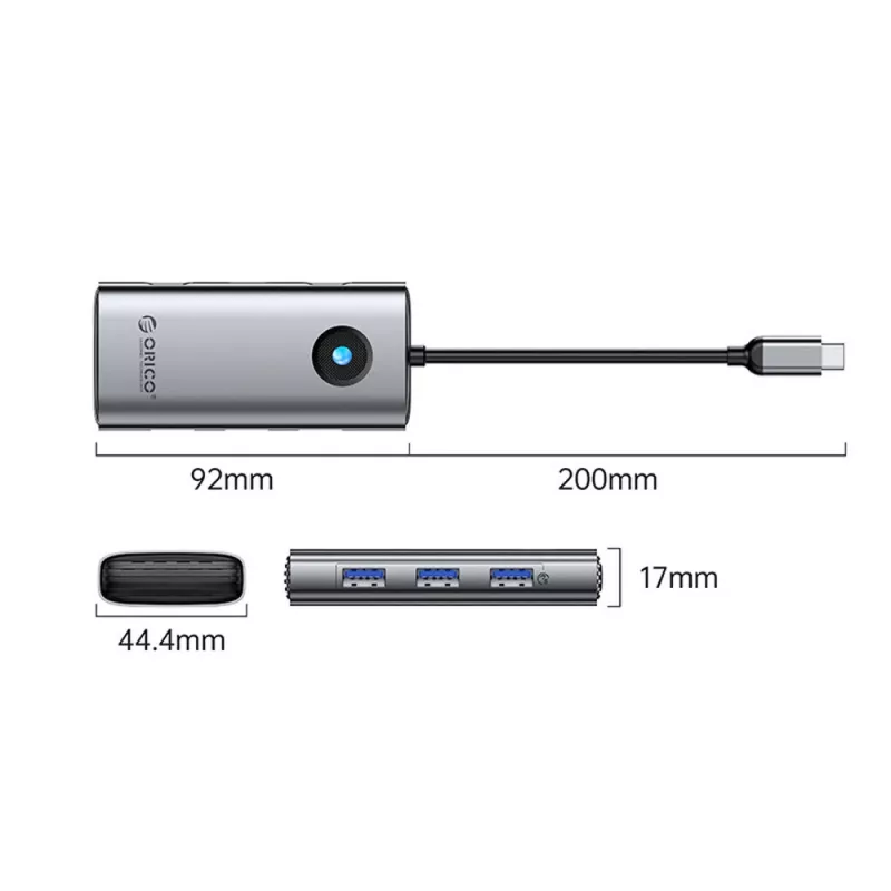 ORICO PW11 Dock USB-C 6-em-1, 3x USB-A 3.0, 1x USB-C PD 100W, 1x HDMI 4K 30Hz, 1x RJ45 2.5G Ethernet, cinzento