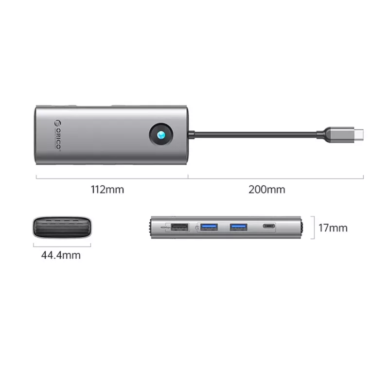ORICO PW11 Dock USB-C 8-em-1, 2x USB-A 3.0, 1x USB-A 2.0, 1x USB-C 3.0, 1x USB-C PD 100W, 1x HDMI 4K 60Hz, 1x VGA 1080P 60Hz, 1x RJ45 Gigabit Ethernet, cinzento